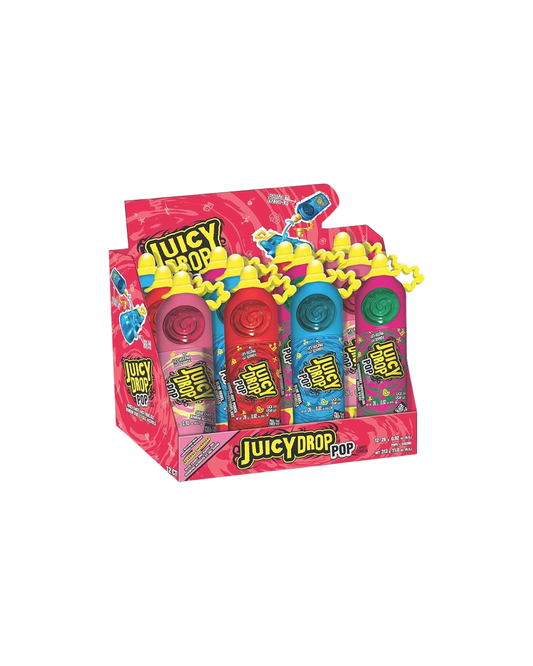 Juicy Drop Pop - 6 Different Fruit Flavours - Display of Individual Lollipops - Fun Candy for Birthdays and Parties, Pack of 12