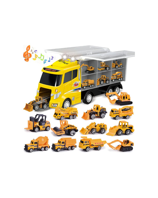 12 in 1 Construction Truck Toys Set for Toddlers, Carrier Truck with 12 Mini Cars for Kids,Transport Trucks Toy with Light and Sound,Christmas Birthday Cars Toy Gift for Boys Age 3-7